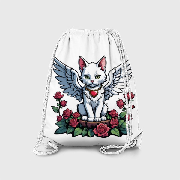 Рюкзак «Красивый белый кот с крыльями, ангел - купидон с сердечком и цветами, любовь, розы, день влюбленных 14 февраля»