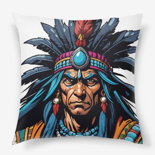 Подушка &laquo;Вождь американских индейцев с перьями на голове, индеец в стиле комикс, мужской принт&raquo;