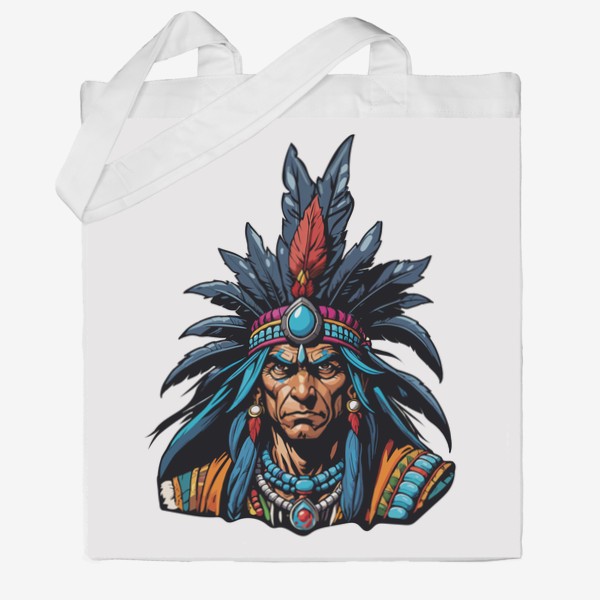 Сумка хб «Вождь американских индейцев с перьями на голове, индеец в стиле комикс, мужской принт»