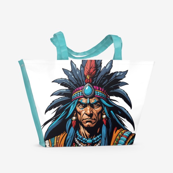Пляжная сумка &laquo;Вождь американских индейцев с перьями на голове, индеец в стиле комикс, мужской принт&raquo;