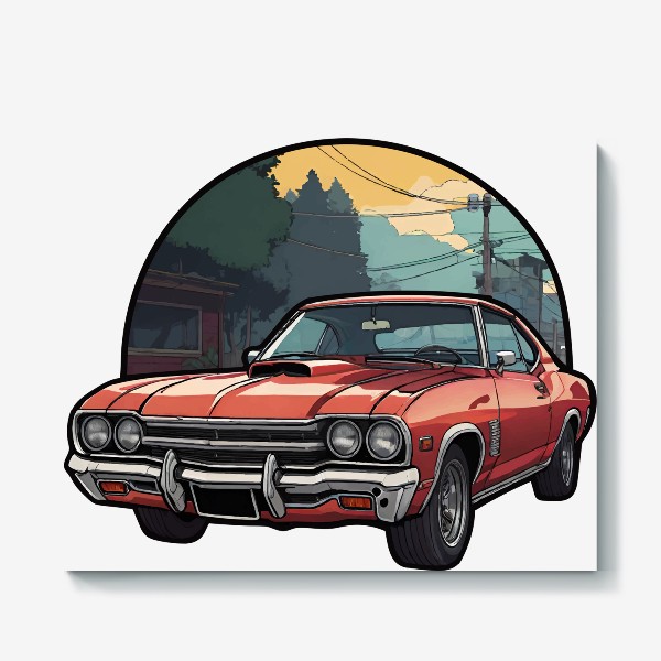 Холст «Красный винтажный ретро автомобиль на фоне города в стиле комикс, игра ГТА, авто из Grand Theft Auto»