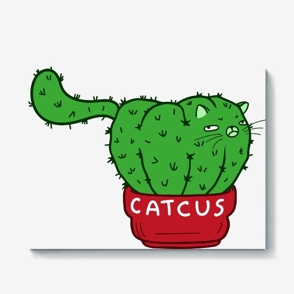 Холст «Кавай прикол мультяшный кот кактус, милый кавайный аниме котик, толстый, вредный, недовольный, прикольная надпись catcus»