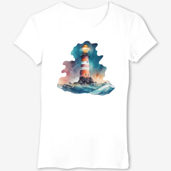Футболка «Акварель маяк на море ночью, мотивируюшая надпись сияй, летний акварельный принт с маяком»