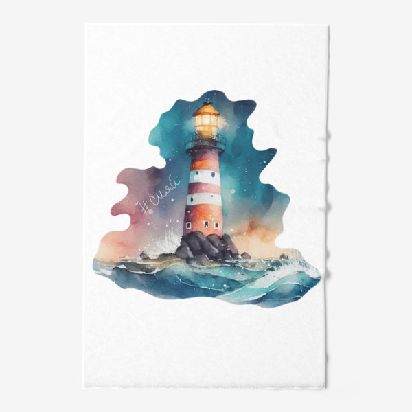 Полотенце «Акварель маяк на море ночью, мотивируюшая надпись сияй, летний акварельный принт с маяком»