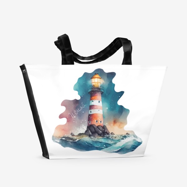Пляжная сумка &laquo;Акварель маяк на море ночью, мотивируюшая надпись сияй, летний акварельный принт с маяком&raquo;