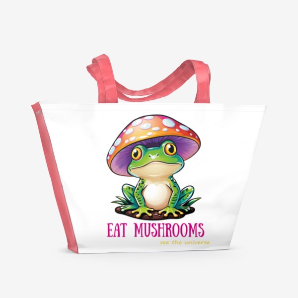 Пляжная сумка «Лягушка с мухомором на голове, прикольная надпись на английском ешь грибы и увидишь Вселенную»