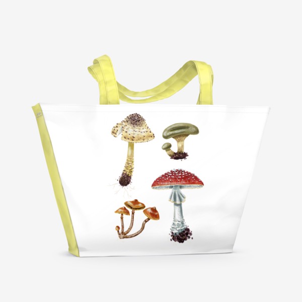 Пляжная сумка «Разные красивые лесные грибы, летние и осенние, несъедобные и ядовитые. Гриб мухомор, лепиота, свинушка, галерина»