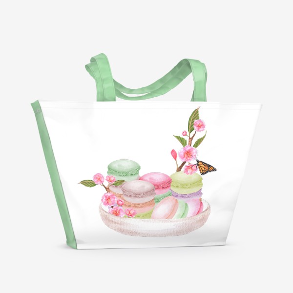 Пляжная сумка «Пирожные макарон с цветами сакуры»