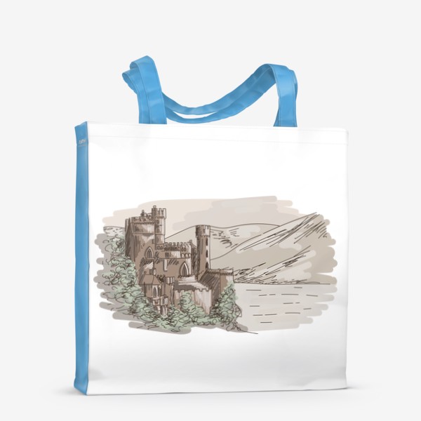 Сумка-шоппер «Старинный замок в горах, винтажный скетчинг в бежевых тонах, скетч пейзаж, природа, озеро и горы»