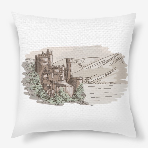 Подушка «Старинный замок в горах, винтажный скетчинг в бежевых тонах, скетч пейзаж, природа, озеро и горы»