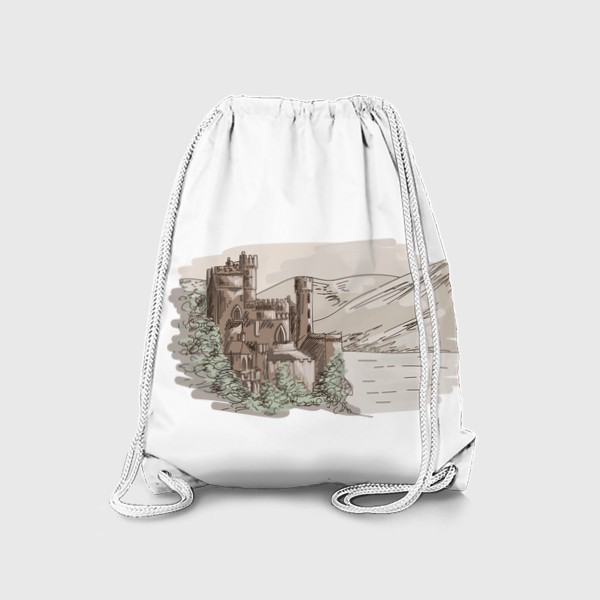 Рюкзак «Старинный замок в горах, винтажный скетчинг в бежевых тонах, скетч пейзаж, природа, озеро и горы»