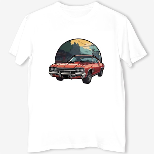 Футболка «Красный винтажный ретро автомобиль на фоне города в стиле комикс, игра ГТА, авто из Grand Theft Auto»