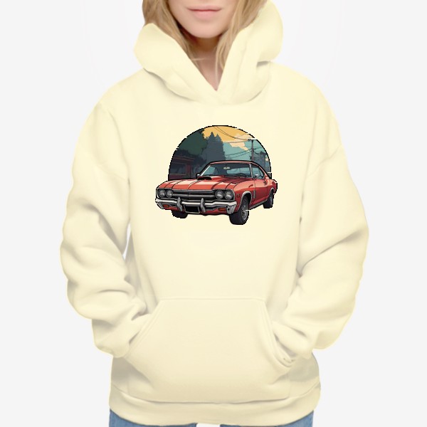 Худи «Красный винтажный ретро автомобиль на фоне города в стиле комикс, игра ГТА, авто из Grand Theft Auto»