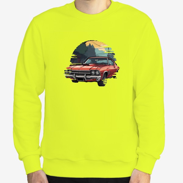 Свитшот &laquo;Красный винтажный ретро автомобиль на фоне города в стиле комикс, игра ГТА, авто из Grand Theft Auto&raquo;