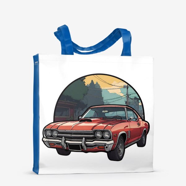 Сумка-шоппер «Красный винтажный ретро автомобиль на фоне города в стиле комикс, игра ГТА, авто из Grand Theft Auto»