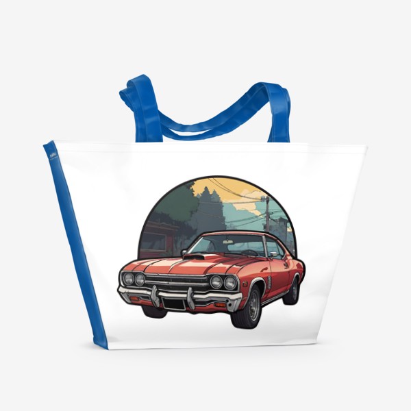 Пляжная сумка «Красный винтажный ретро автомобиль на фоне города в стиле комикс, игра ГТА, авто из Grand Theft Auto»