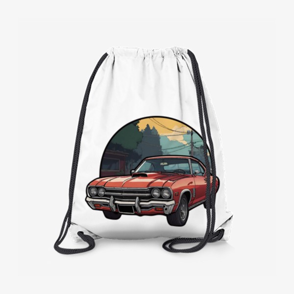 Рюкзак «Красный винтажный ретро автомобиль на фоне города в стиле комикс, игра ГТА, авто из Grand Theft Auto»