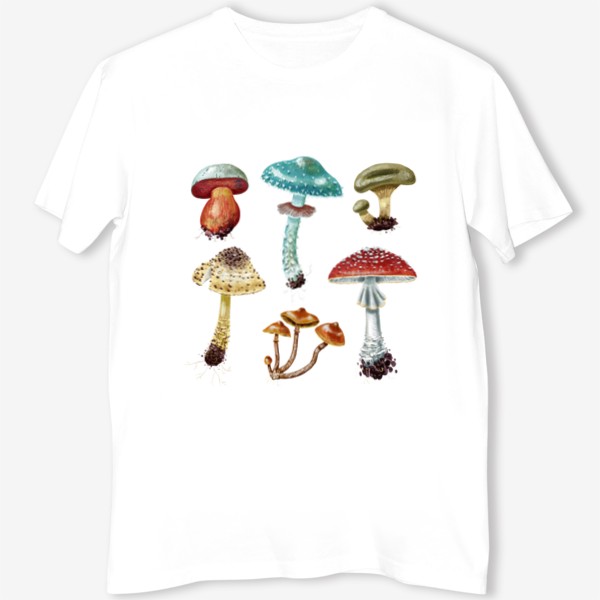 Футболка «Красивые разноцветные лесные грибочки, несъедобные и ядовитые грибы, осень, грибная пора, яркий подарок грибнику»