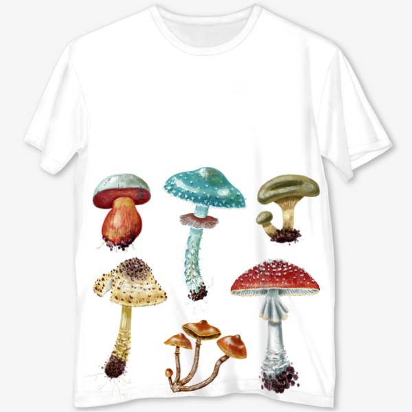 Футболка с полной запечаткой «Красивые разноцветные лесные грибочки, несъедобные и ядовитые грибы, осень, грибная пора, яркий подарок грибнику»