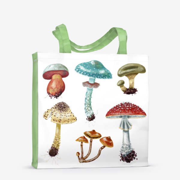 Сумка-шоппер «Красивые разноцветные лесные грибочки, несъедобные и ядовитые грибы, осень, грибная пора, яркий подарок грибнику»