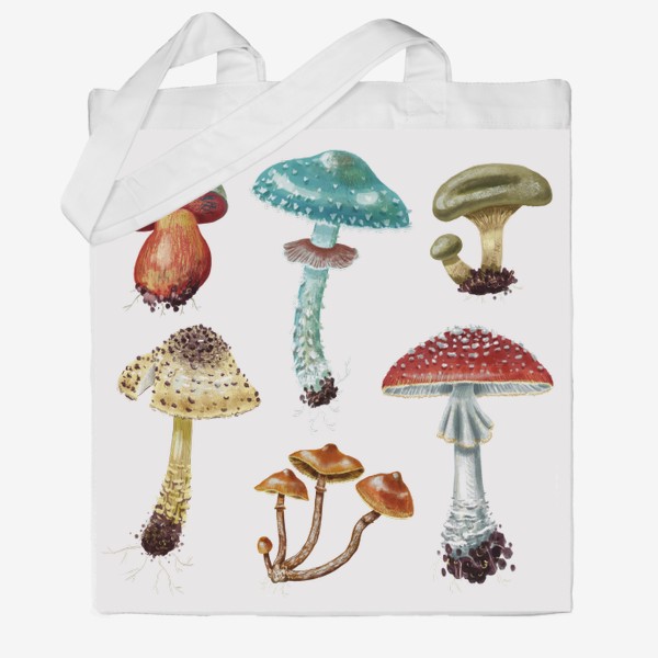 Сумка хб «Красивые разноцветные лесные грибочки, несъедобные и ядовитые грибы, осень, грибная пора, яркий подарок грибнику»