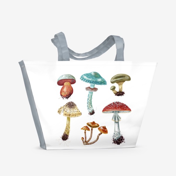 Пляжная сумка &laquo;Красивые разноцветные лесные грибочки, несъедобные и ядовитые грибы, осень, грибная пора, яркий подарок грибнику&raquo;
