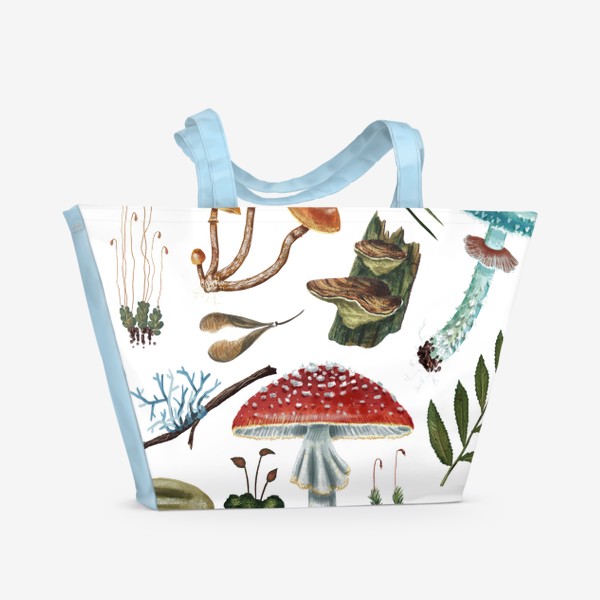 Пляжная сумка «Лесные сокровища, красивый лесной паттерн с грибами, травами, веточками. Осенний лес, грибы, поганки, папоротник и мох»
