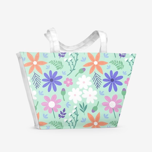 Пляжная сумка «Садовые цветы на зеленом фоне»