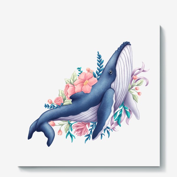 Холст «Синий кит и цветы»