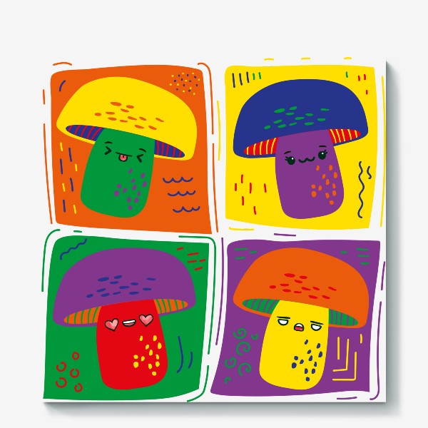 Холст «Яркие разноцветные грибы в стиле поп арт, мультяшные аниме кавай грибочки с эмоциями»