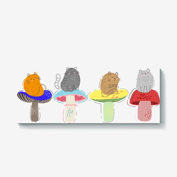 Холст «Милые мультяшные котики сидят на разноцветных грибах, скетч дудл коты и грибы»