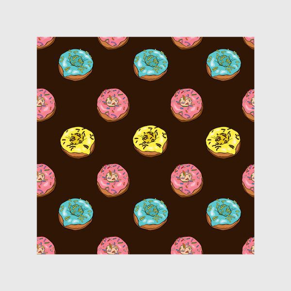 Шторы «Пончики с желтой, розовой и голубой глазурью на коричневом фоне»