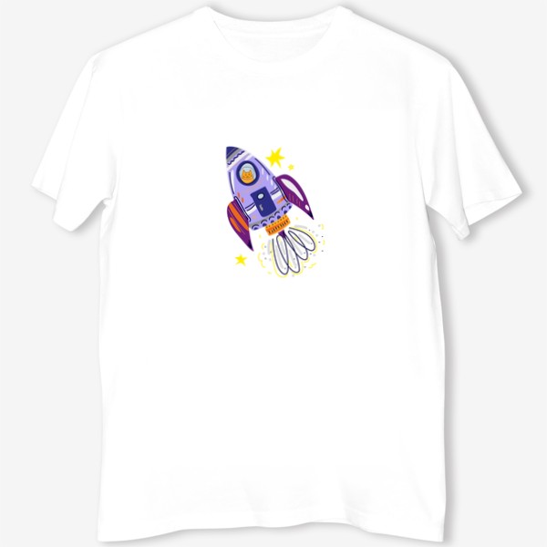 Футболка «Милый мультяшный котик летит на ракете в космос, скетч кот - космонавт, звезды»