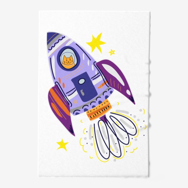 Полотенце «Милый мультяшный котик летит на ракете в космос, скетч кот - космонавт, звезды»