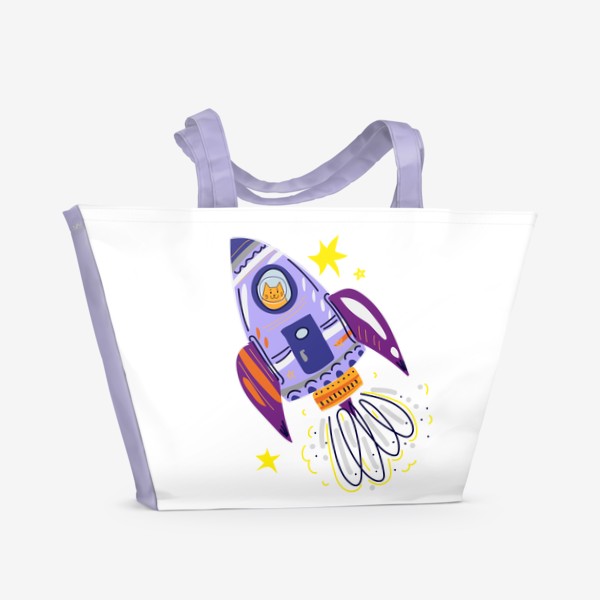 Пляжная сумка «Милый мультяшный котик летит на ракете в космос, скетч кот - космонавт, звезды»