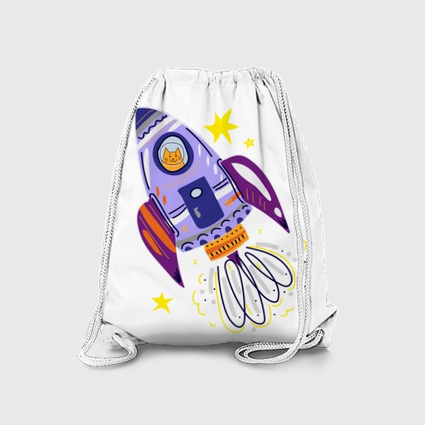 Рюкзак «Милый мультяшный котик летит на ракете в космос, скетч кот - космонавт, звезды»