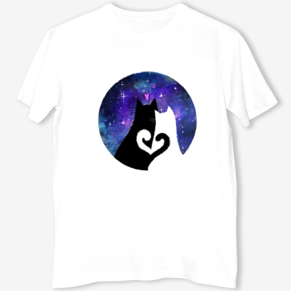Футболка «Влюбленные котики смотрят на звездное небо, ночь, космос, любовь и сердечки, черный кот и белая кошка»