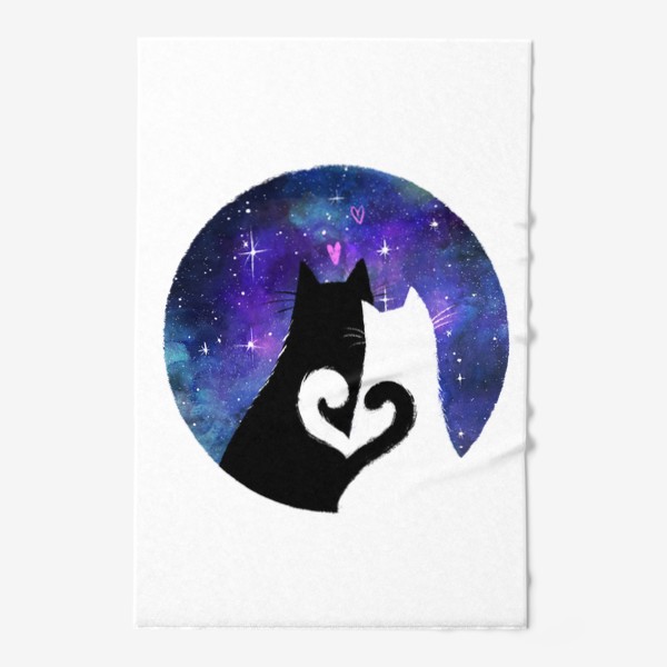 Полотенце «Влюбленные котики смотрят на звездное небо, ночь, космос, любовь и сердечки, черный кот и белая кошка»