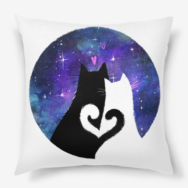 Подушка &laquo;Влюбленные котики смотрят на звездное небо, ночь, космос, любовь и сердечки, черный кот и белая кошка&raquo;