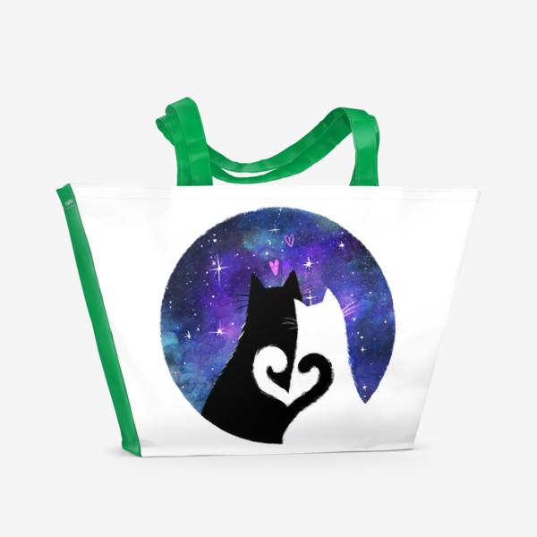 Пляжная сумка «Влюбленные котики смотрят на звездное небо, ночь, космос, любовь и сердечки, черный кот и белая кошка»