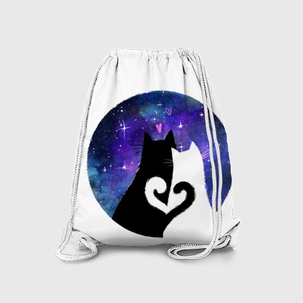 Рюкзак «Влюбленные котики смотрят на звездное небо, ночь, космос, любовь и сердечки, черный кот и белая кошка»