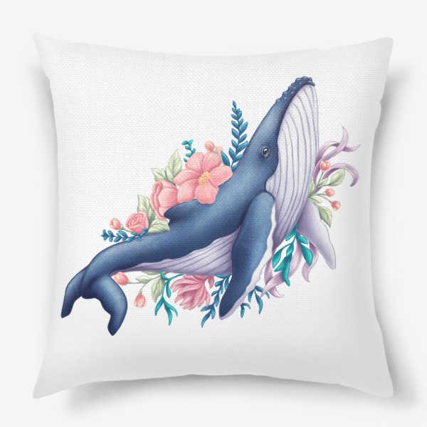Подушка «Синий кит и цветы»
