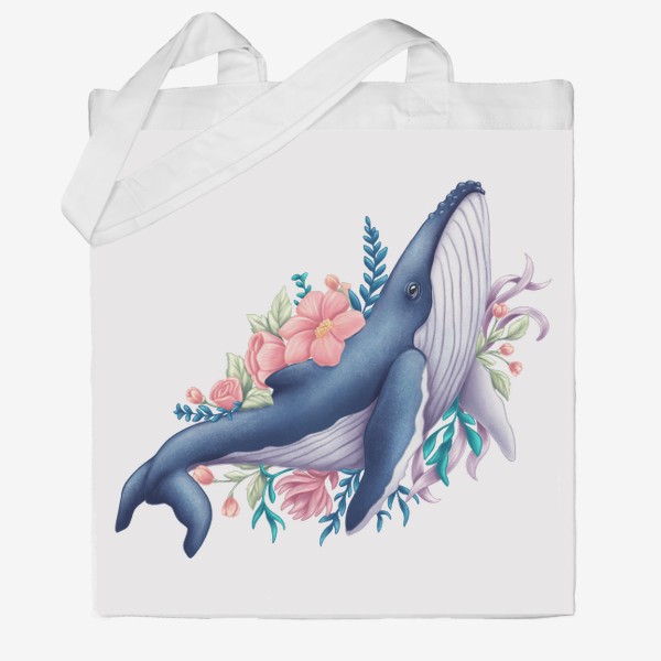 Сумка хб «Синий кит и цветы»