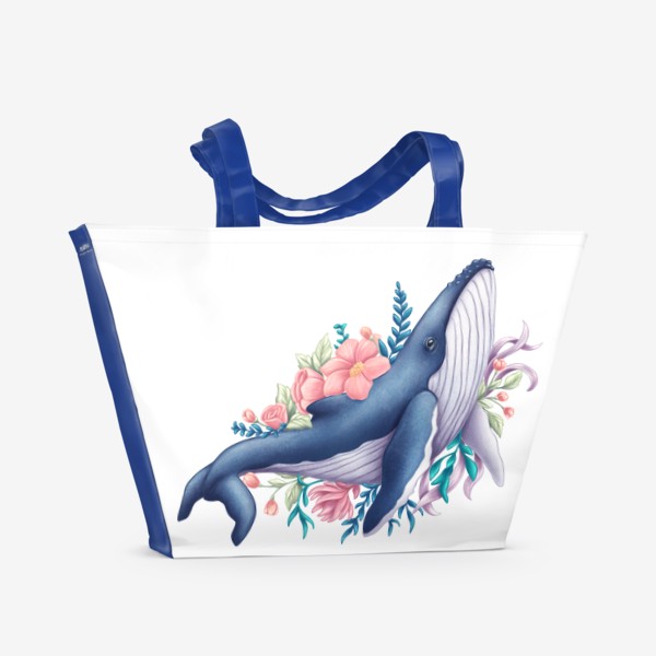 Пляжная сумка «Синий кит и цветы»
