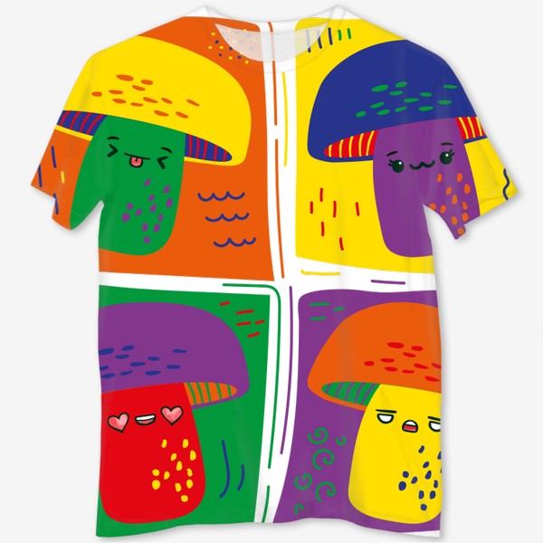 Футболка с полной запечаткой &laquo;Яркие разноцветные грибы в стиле поп арт, мультяшные аниме кавай грибочки с эмоциями&raquo;