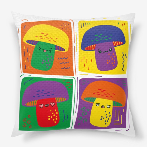 Подушка «Яркие разноцветные грибы в стиле поп арт, мультяшные аниме кавай грибочки с эмоциями»