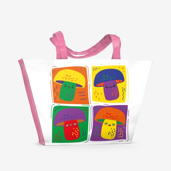 Пляжная сумка «Яркие разноцветные грибы в стиле поп арт, мультяшные аниме кавай грибочки с эмоциями»