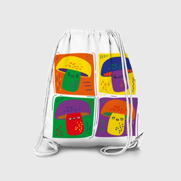 Рюкзак «Яркие разноцветные грибы в стиле поп арт, мультяшные аниме кавай грибочки с эмоциями»