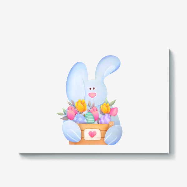 Холст «Милый кролик с корзинкой цветов и пасхальными яйцами»