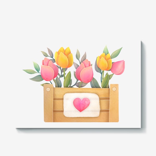 Холст «Корзинка с тюльпанами и сердечком»